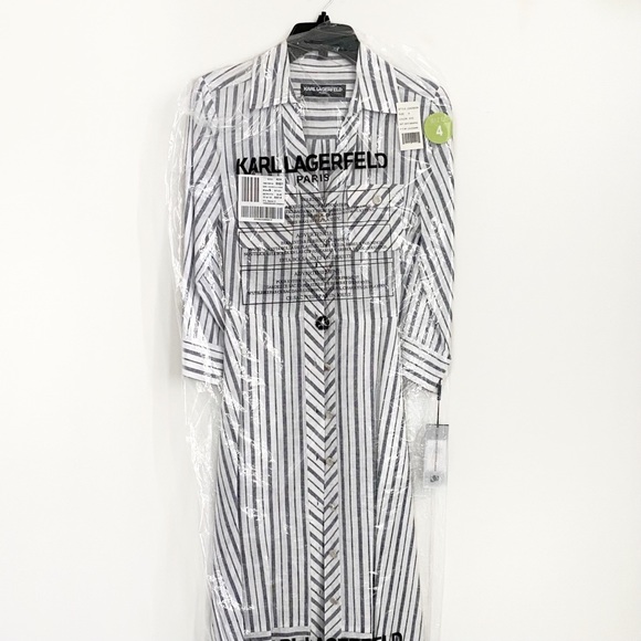 KARL LAGERFELD Striped Asymmetric Shirt Dress In Soft White NWT - Picture 5 of 13